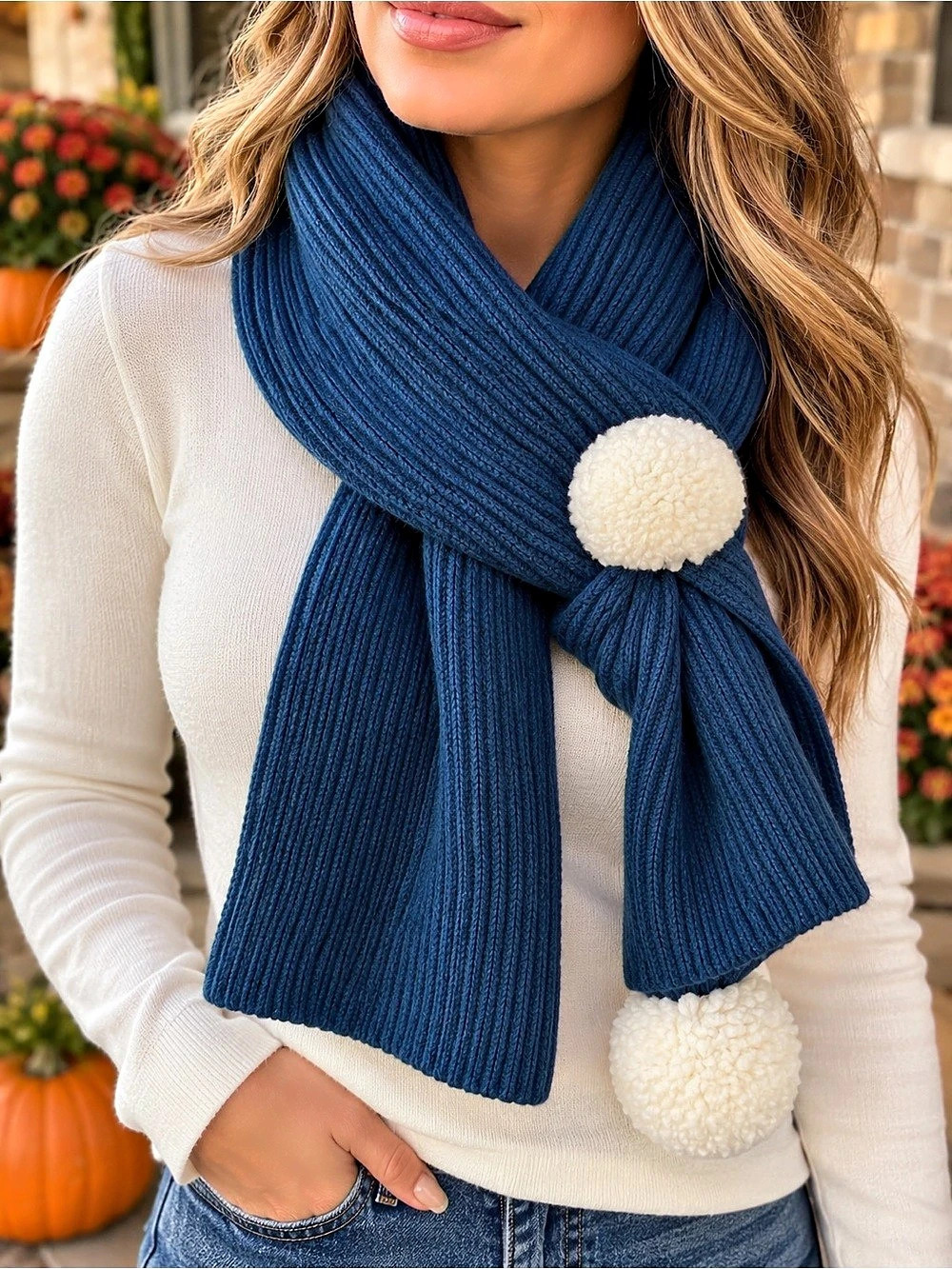 Coach Pom Scarf Ribbed in Blue NWT